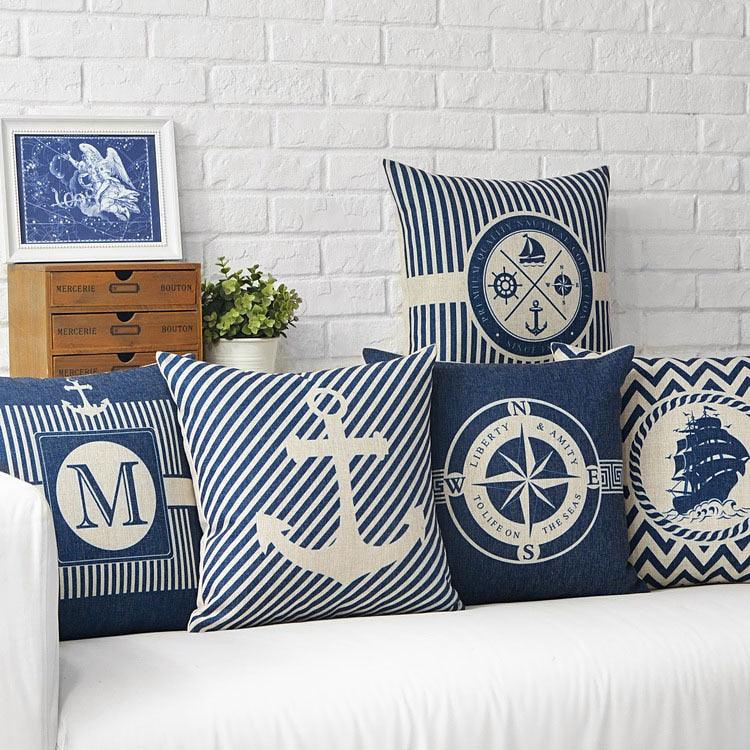 Home Decorative Pillows Mediterranean Pillow Cover Blue Anchor Navigation Compass Sailboat Pillowcase Decorative Cushion Cover For Home Cover Sea Blue Compass Marine Ship Linen Pillow Case Cushion Cover 45x45CM
