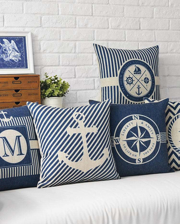Home Decorative Pillows Mediterranean Pillow Cover Blue Anchor Navigation Compass Sailboat Pillowcase Decorative Cushion Cover For Home Cover Sea Blue Compass Marine Ship Linen Pillow Case Cushion Cover 45x45CM