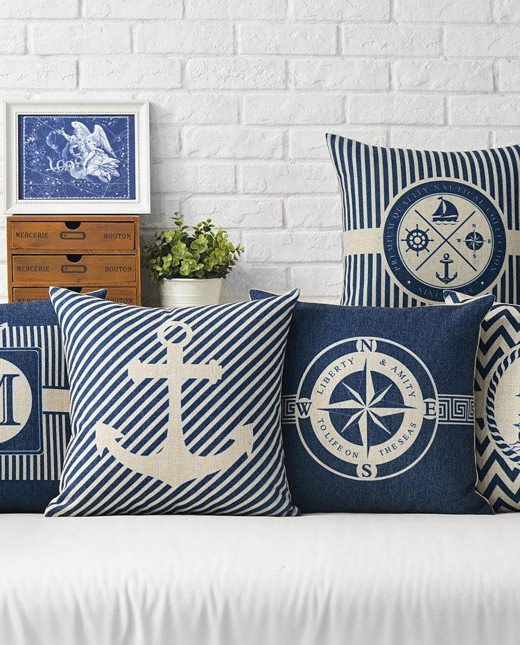 Home Decorative Pillows Mediterranean Pillow Cover Blue Anchor Navigation Compass Sailboat Pillowcase Decorative Cushion Cover For Home Cover Sea Blue Compass Marine Ship Linen Pillow Case Cushion Cover 45x45CM