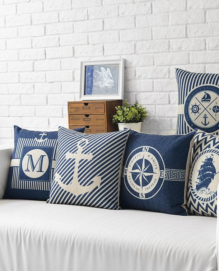 Home Decorative Pillows Mediterranean Pillow Cover Blue Anchor Navigation Compass Sailboat Pillowcase Decorative Cushion Cover For Home Cover Sea Blue Compass Marine Ship Linen Pillow Case Cushion Cover 45x45CM