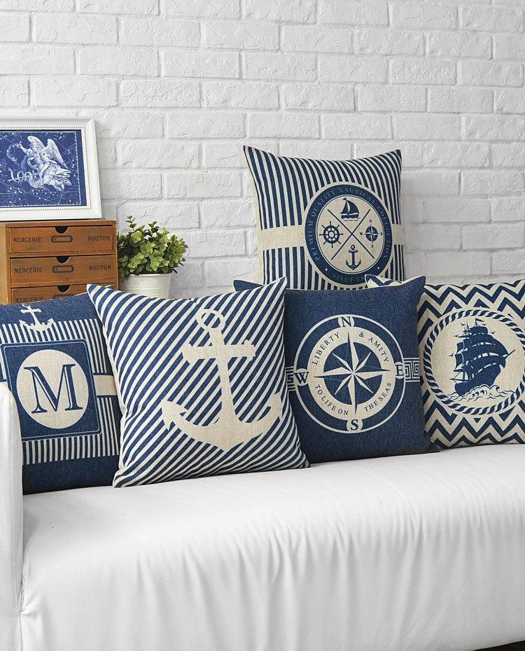 Home Decorative Pillows Mediterranean Pillow Cover Blue Anchor Navigation Compass Sailboat Pillowcase Decorative Cushion Cover For Home Cover Sea Blue Compass Marine Ship Linen Pillow Case Cushion Cover 45x45CM