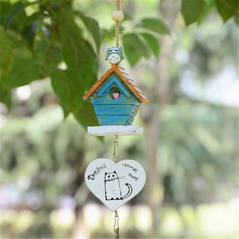 Home Garden Ornaments Bird House cage House Bamboo Outdoor Wooden Wind Chimes Painted Design With Birdhouse Crown Home Ornament Wind Chimes