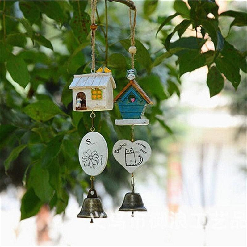 Home Garden Ornaments Bird House cage House Bamboo Outdoor Wooden Wind Chimes Painted Design With Birdhouse Crown Home Ornament Wind Chimes