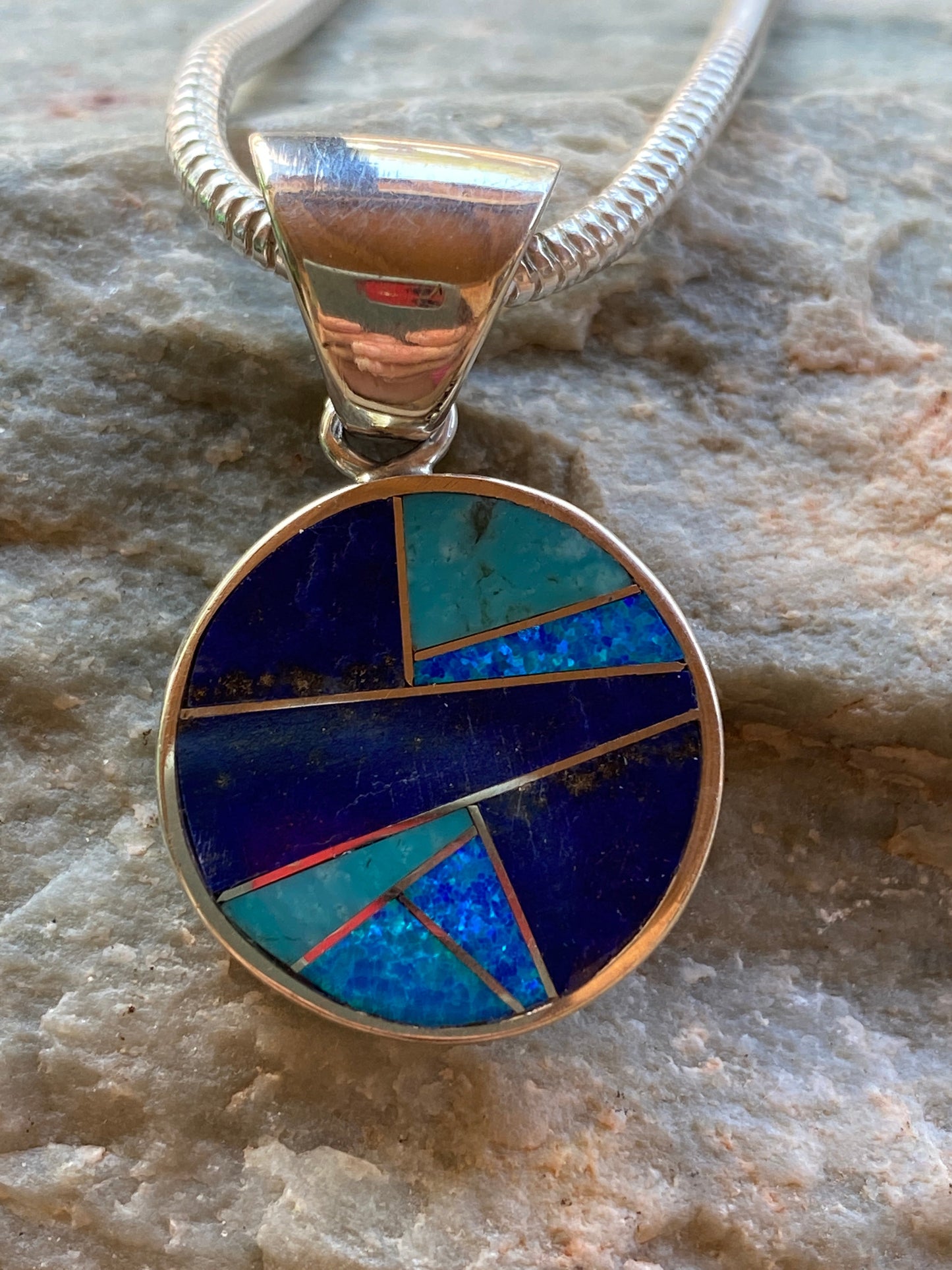 Handcrafted Lapis, Turquoise, Blue Opal Small Circle Pendant