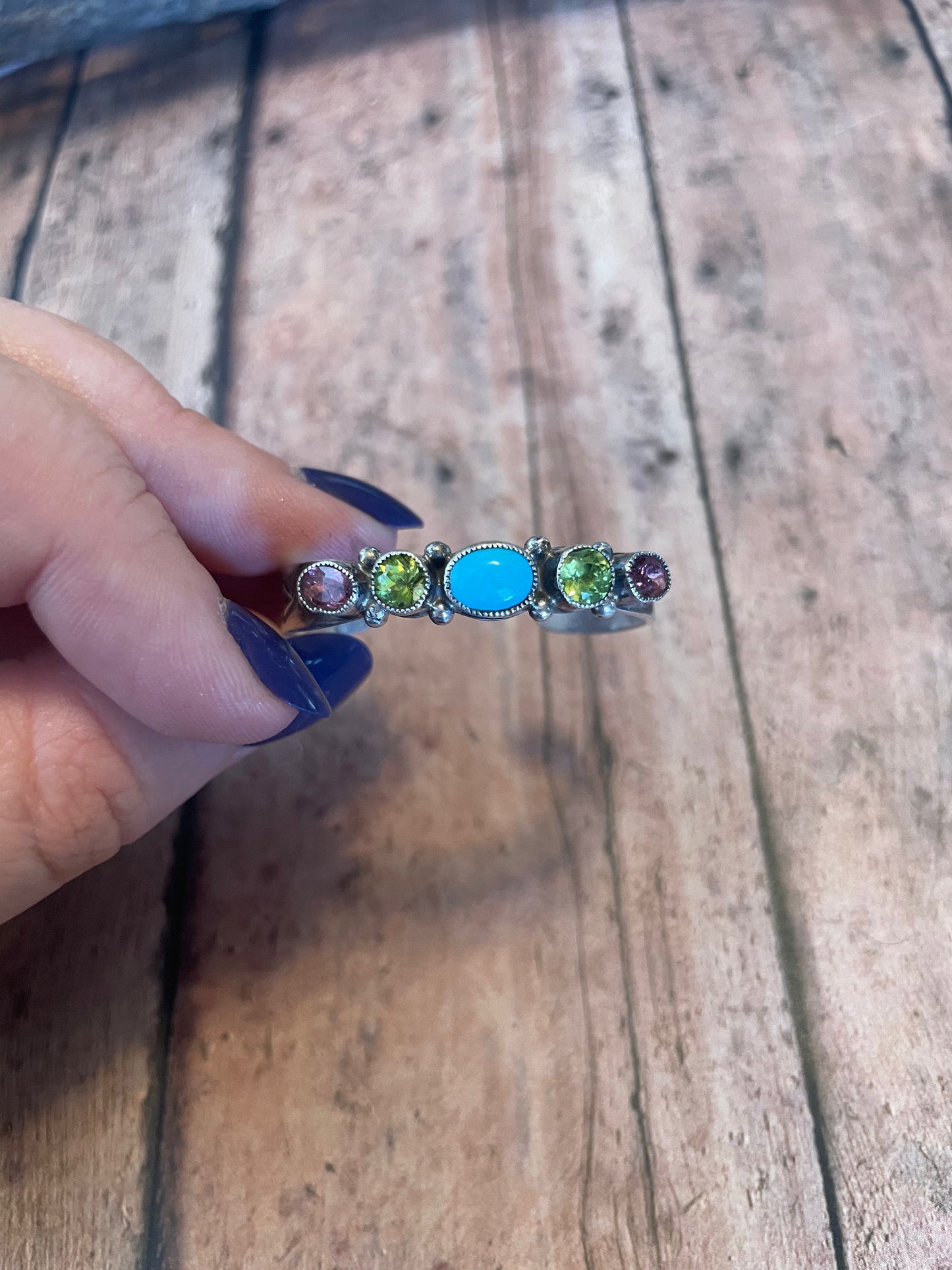 Handcrafted Baby Turquoise And Gem Stone Sterling Silver Cuff Bracelet Signed /