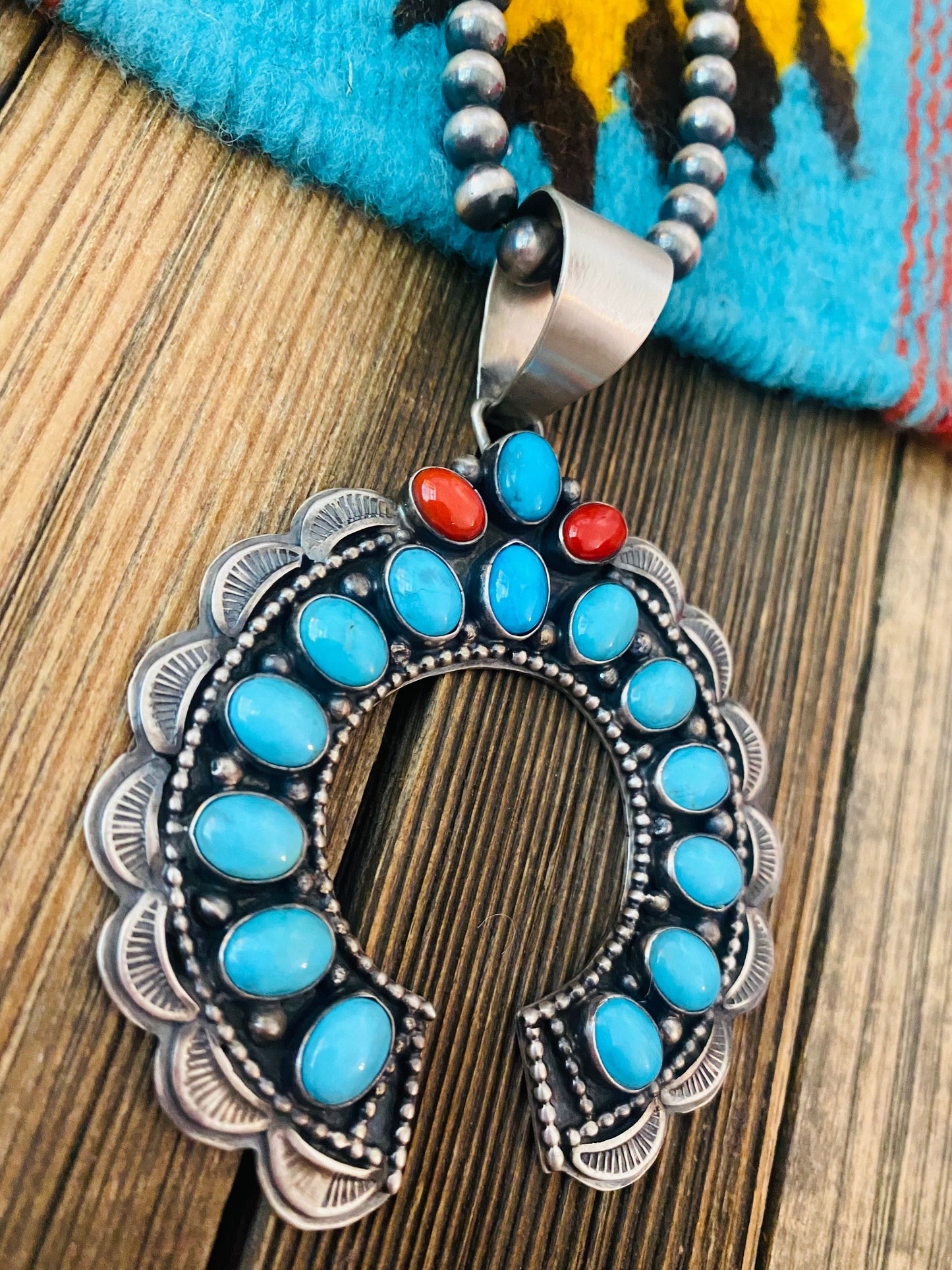 Handcrafted Sterling Silver, Sleeping Beauty Turquoise & Coral Naja Pendant by Lorenzo Juan