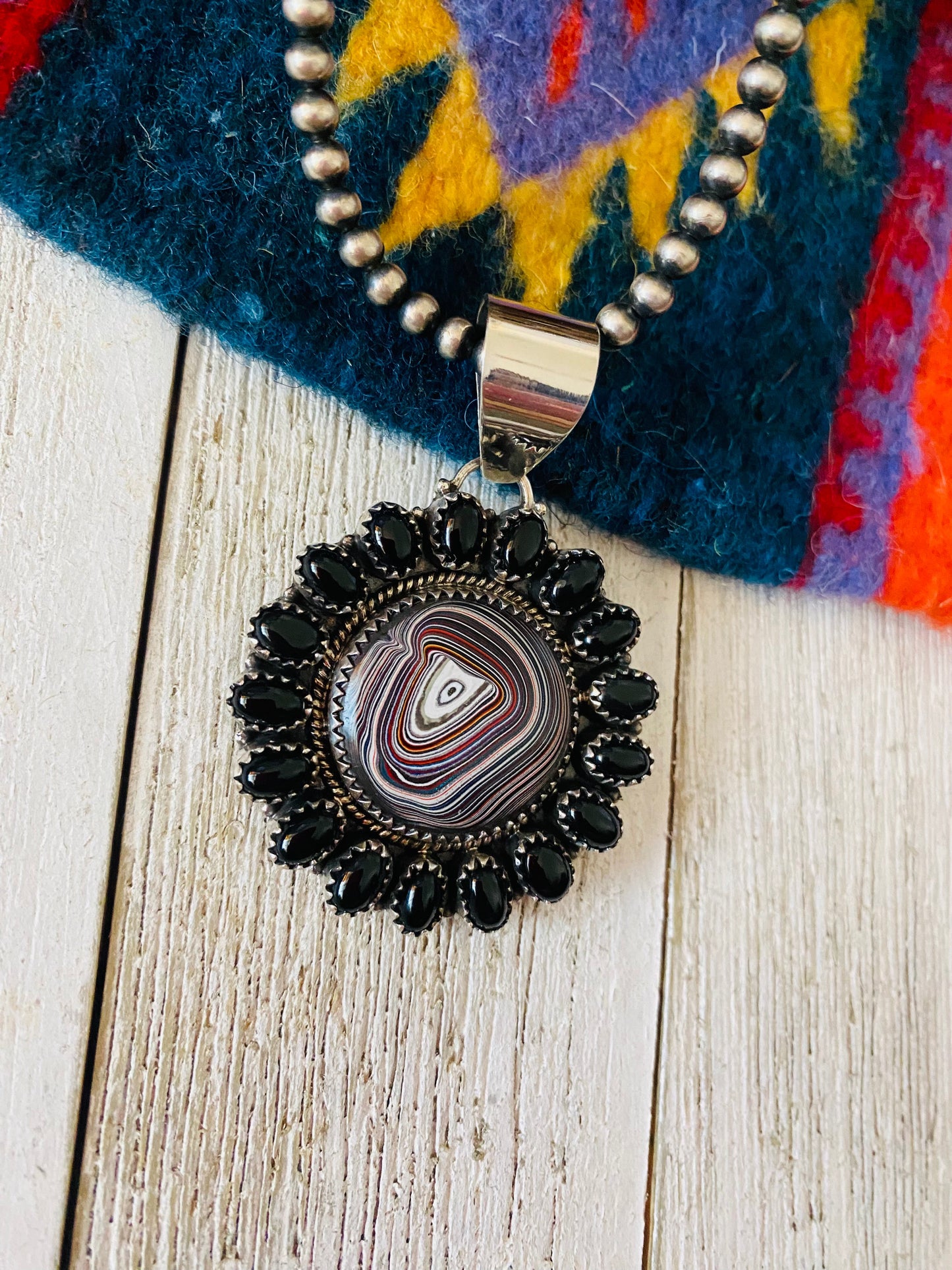 Handmade Sterling Silver, Fordite & Onyx Cluster Pendant