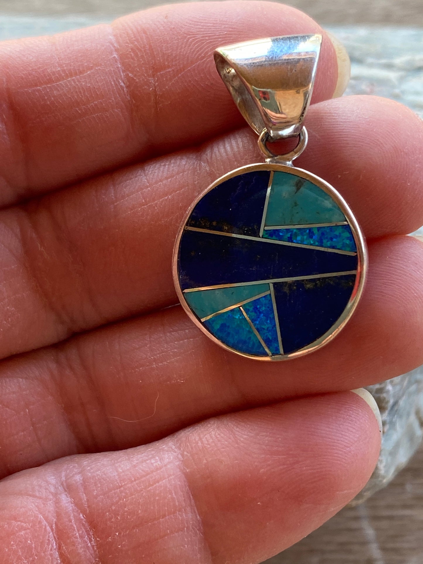 Handcrafted Lapis, Turquoise, Blue Opal Small Circle Pendant