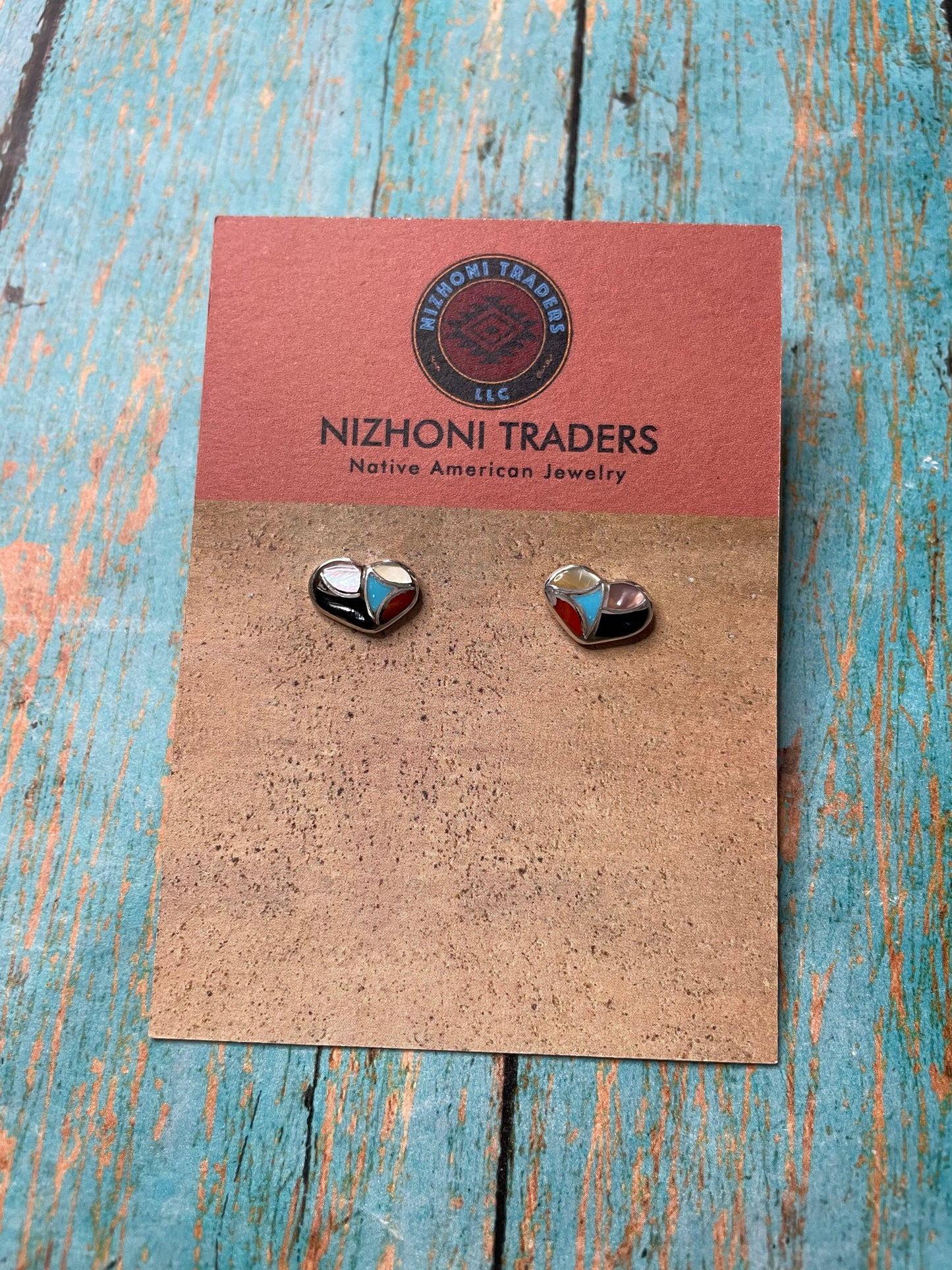 Handcrafted Sterling Silver & Multi Stone Inlay Stud Heart Earrings