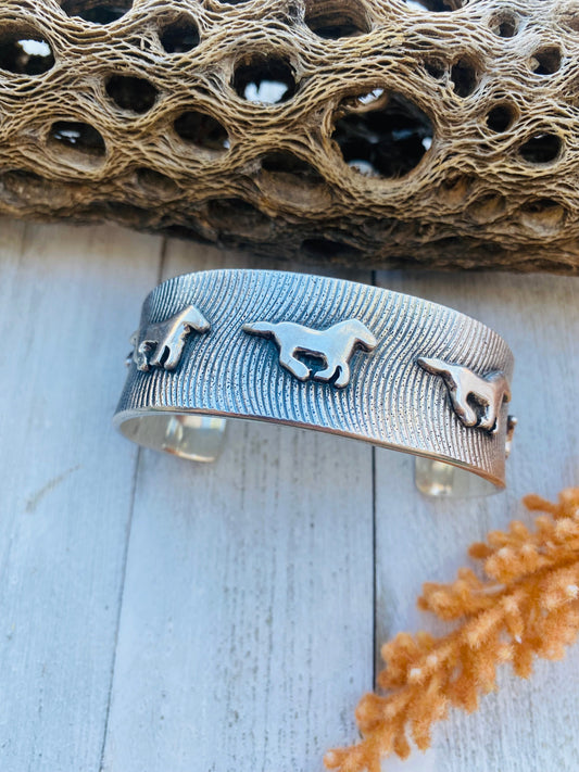 Handcrafted Sterling Silver Horses Cuff Signed