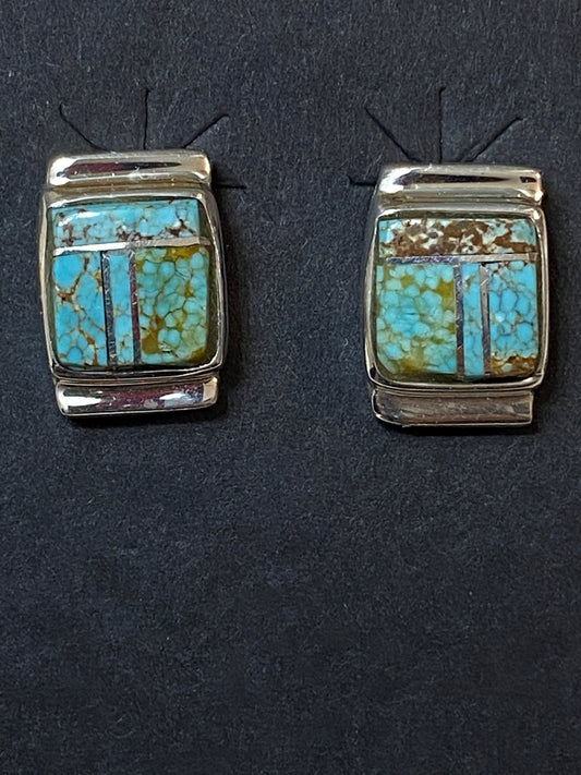 Handcrafted Turquoise 8 more matrix & Sterling Silver Rectangle Inlay Stud Earrings