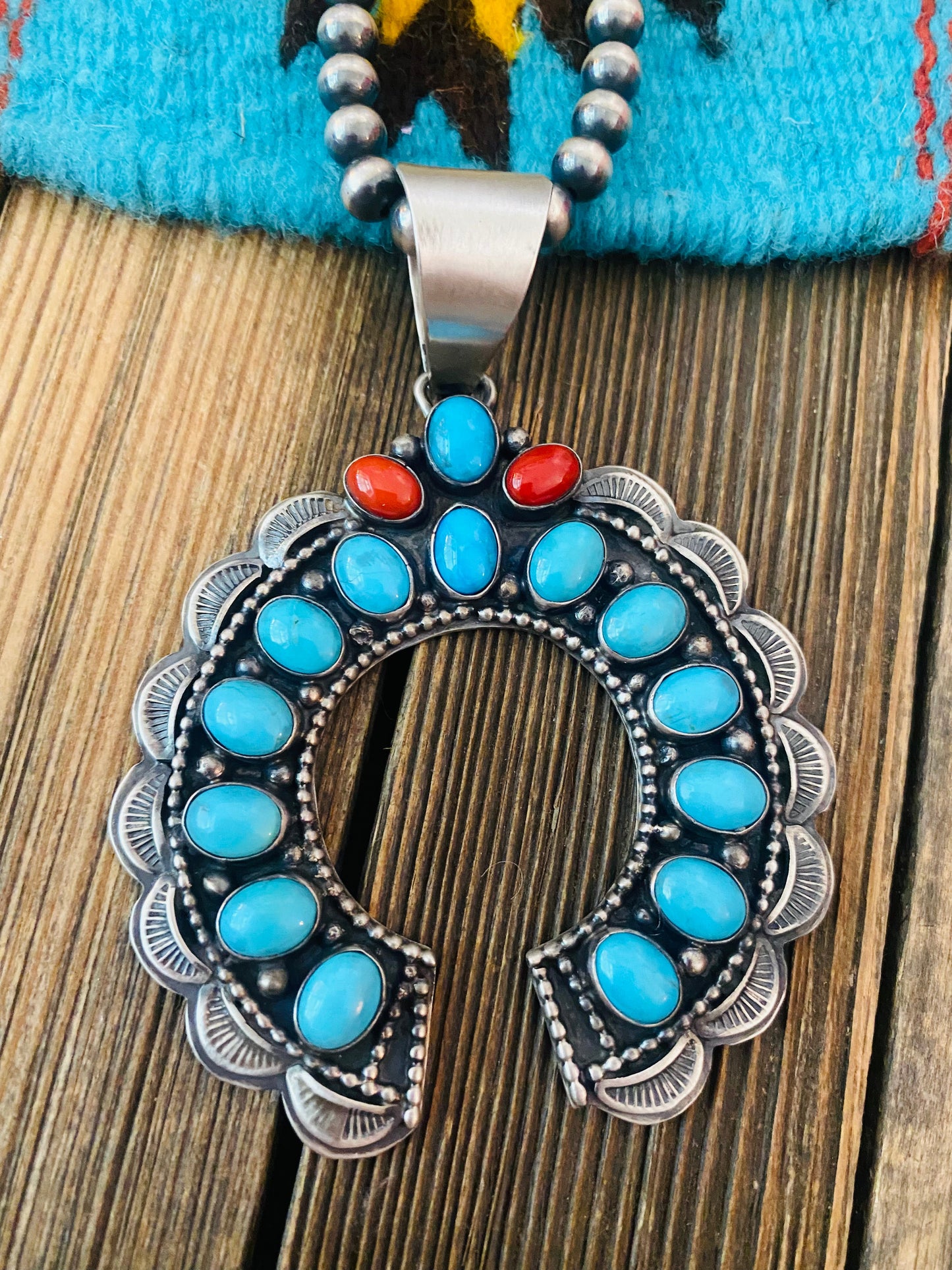 Handcrafted Sterling Silver, Sleeping Beauty Turquoise & Coral Naja Pendant by Lorenzo Juan