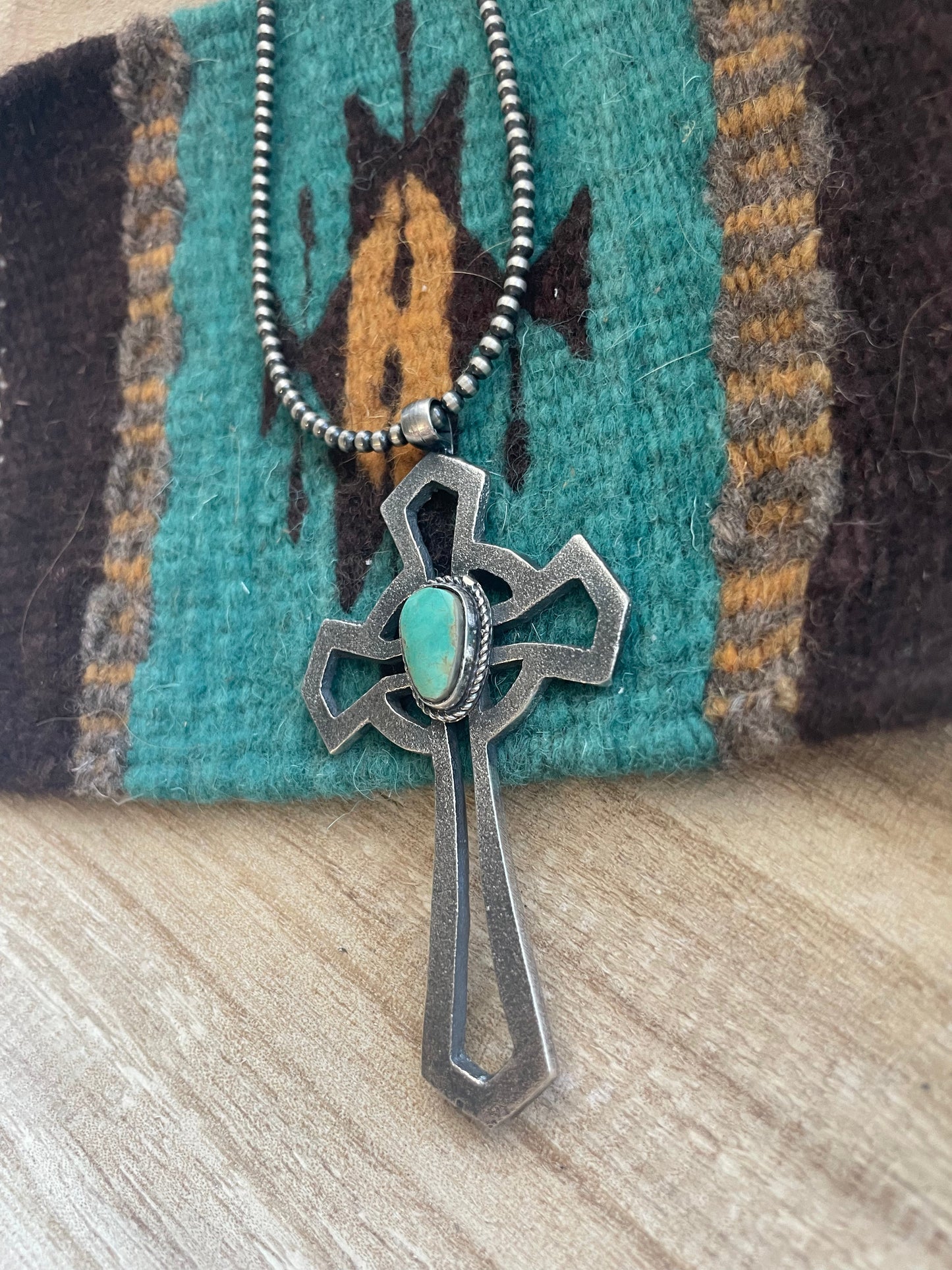 Navajo Sterling Silver & Turquoise Cross Pendant Signed Eugene Mitchell