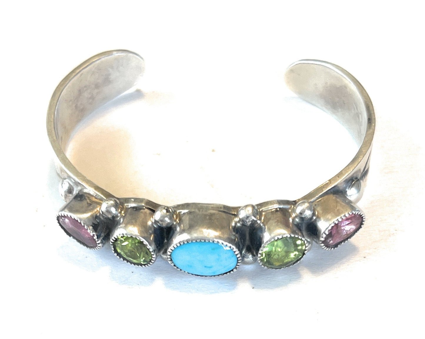 Handcrafted Baby Turquoise And Gem Stone Sterling Silver Cuff Bracelet Signed /