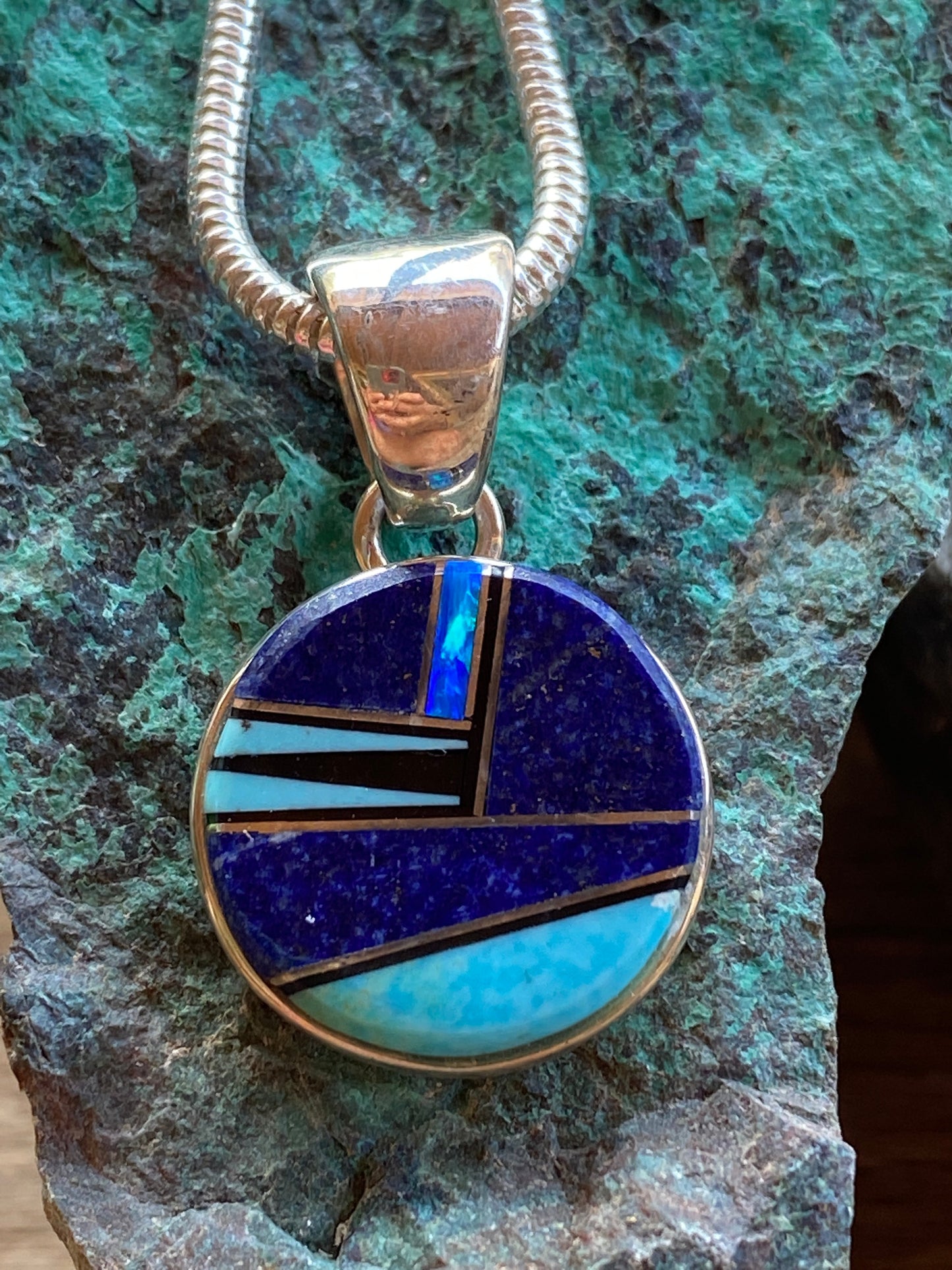 Handcrafted Lapis, Turquoise, Blue Opal Small Circle Pendant