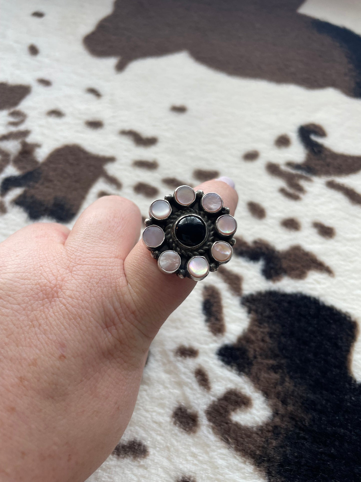 Handcrafted Sterling Silver, Black Onyx, Pink Conch Flower Cluster Adjustable Rings Signed