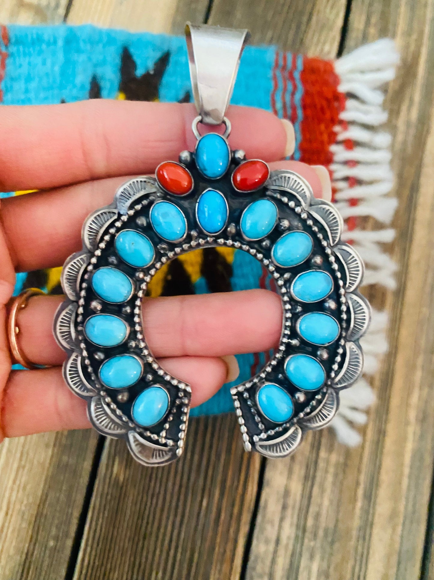 Handcrafted Sterling Silver, Sleeping Beauty Turquoise & Coral Naja Pendant by Lorenzo Juan