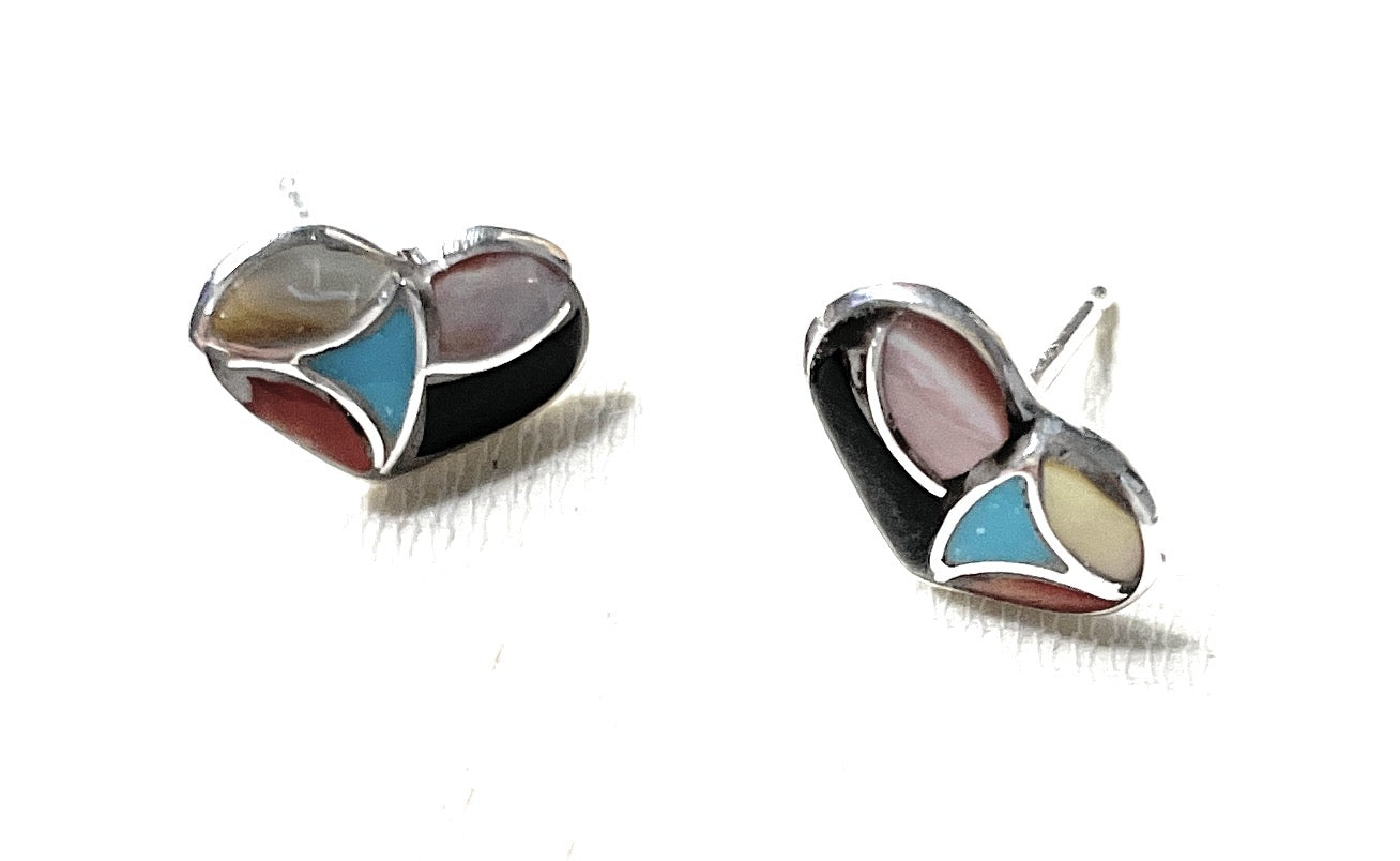 Handcrafted Sterling Silver & Multi Stone Inlay Stud Heart Earrings