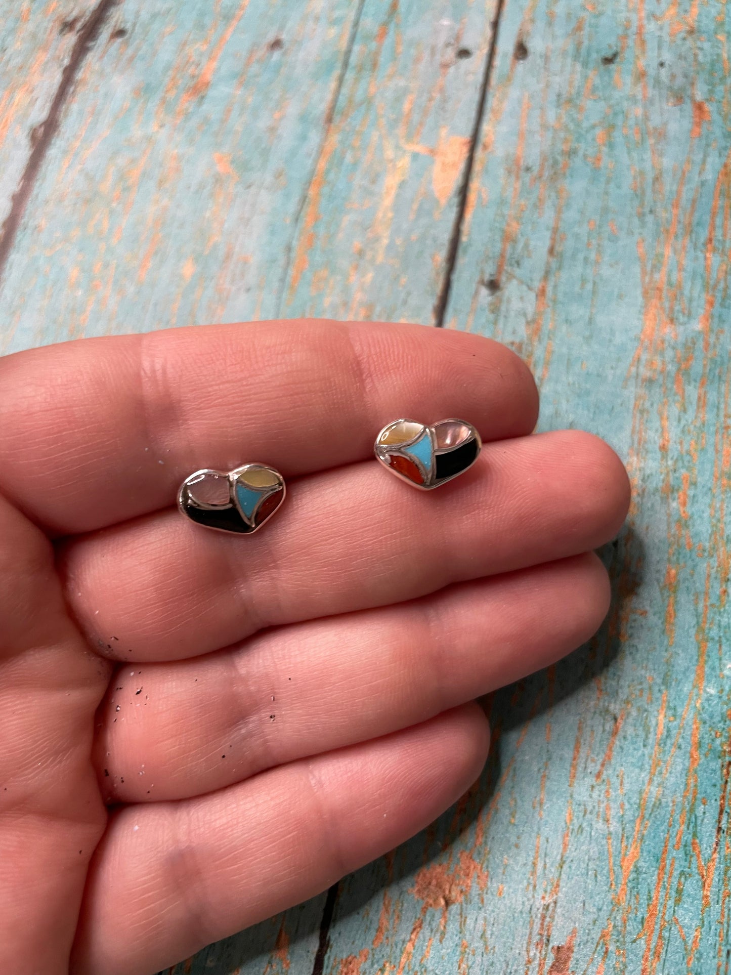Handcrafted Sterling Silver & Multi Stone Inlay Stud Heart Earrings
