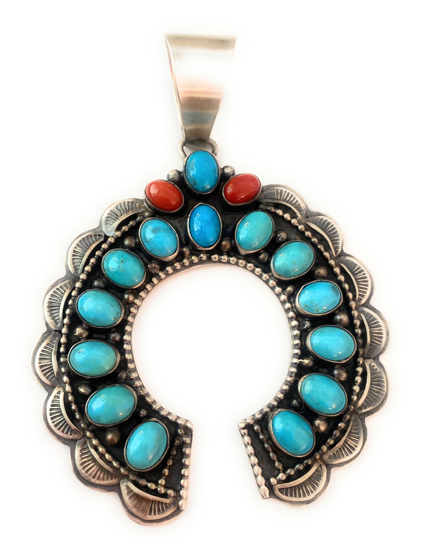 Handcrafted Sterling Silver, Sleeping Beauty Turquoise & Coral Naja Pendant by Lorenzo Juan