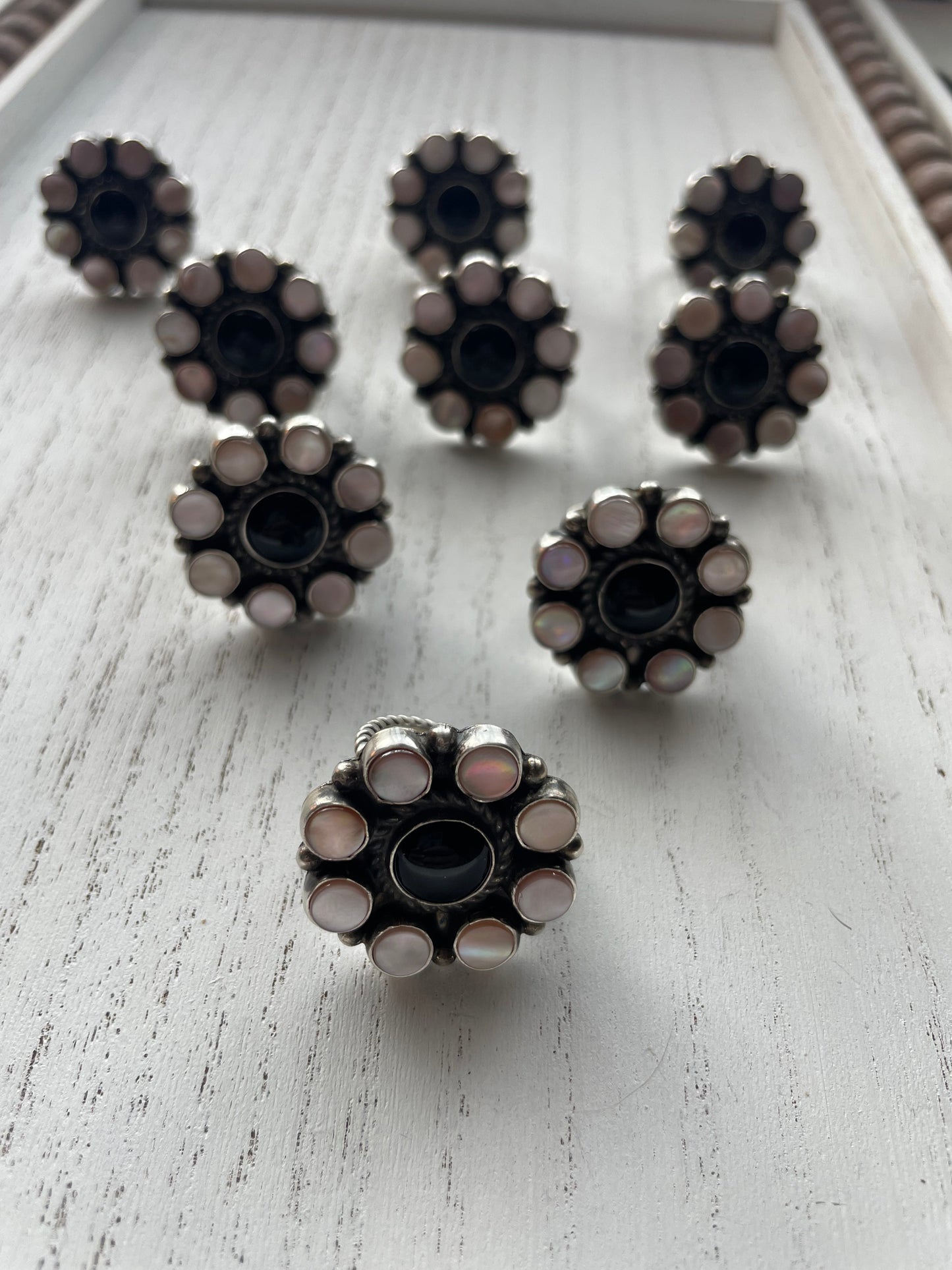 Handcrafted Sterling Silver, Black Onyx, Pink Conch Flower Cluster Adjustable Rings Signed