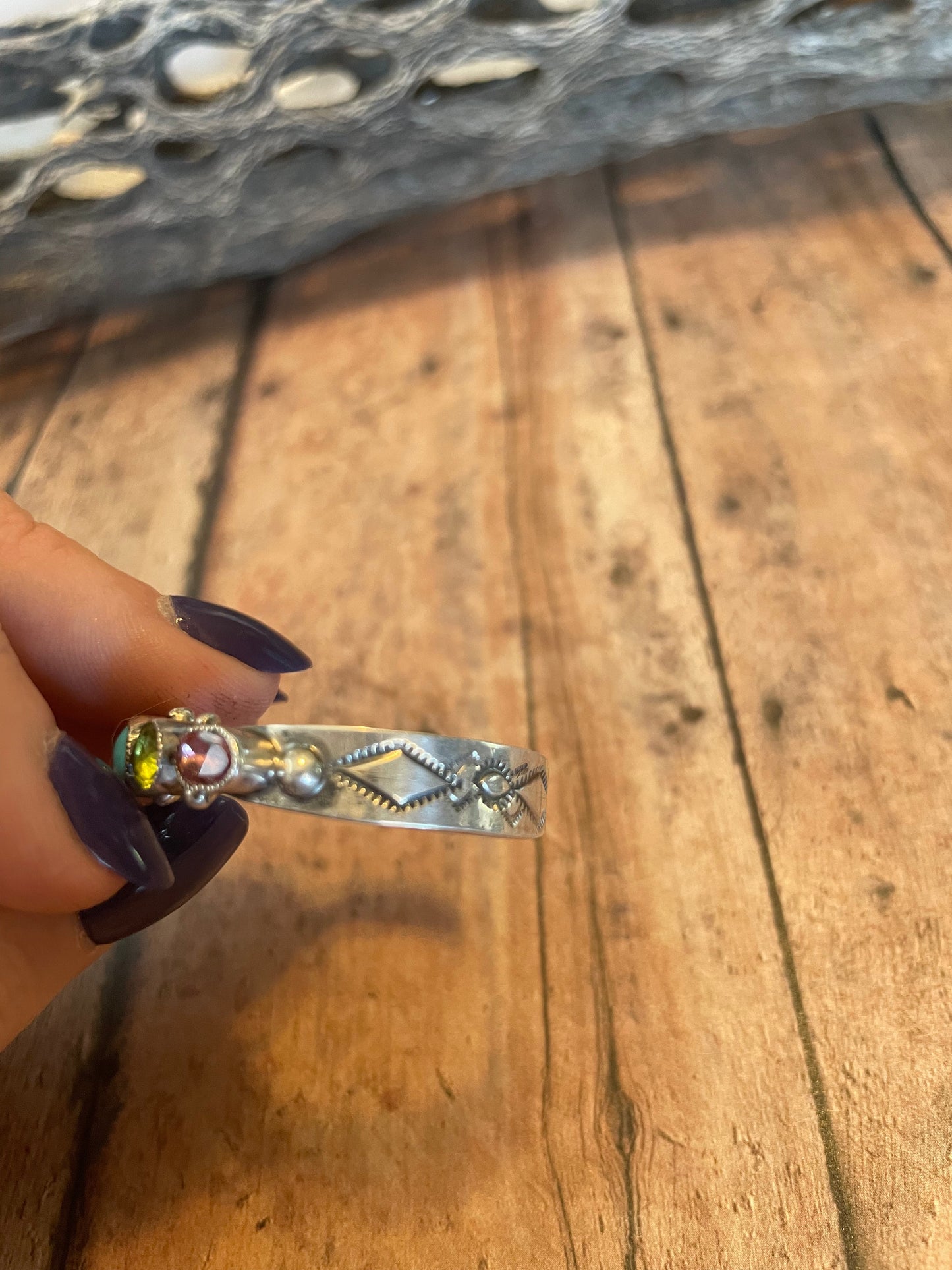 Handcrafted Baby Turquoise And Gem Stone Sterling Silver Cuff Bracelet Signed /