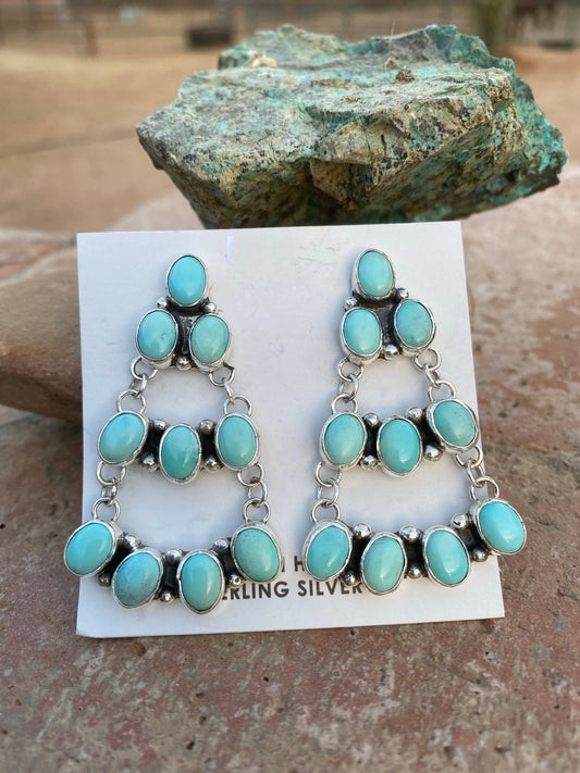 Carico Lake Turquoise & Sterling Silver Cluster Dangle Earrings Signed