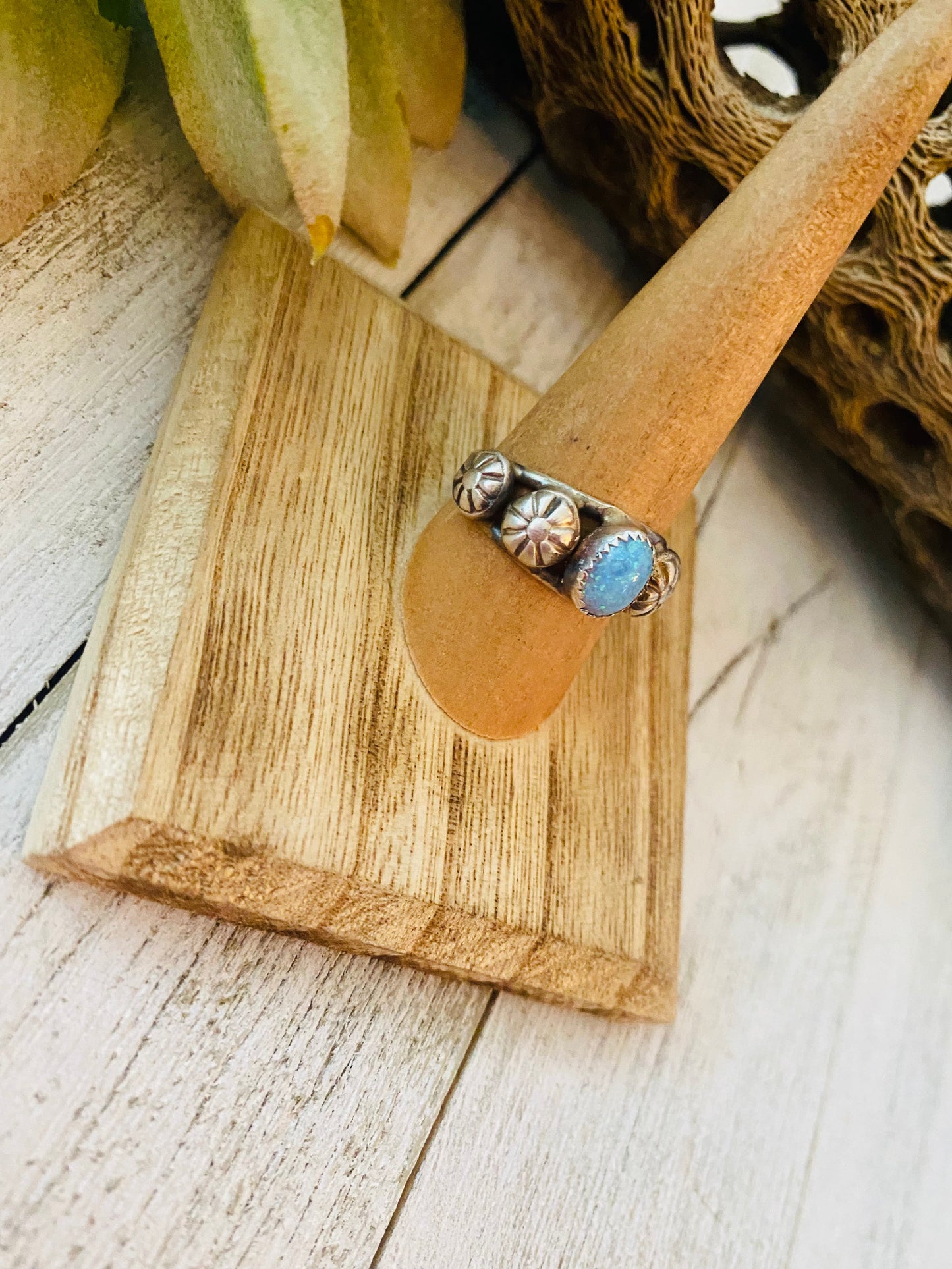 Handcrafted Blue Opal and Sterling Silver Concho Band Ring