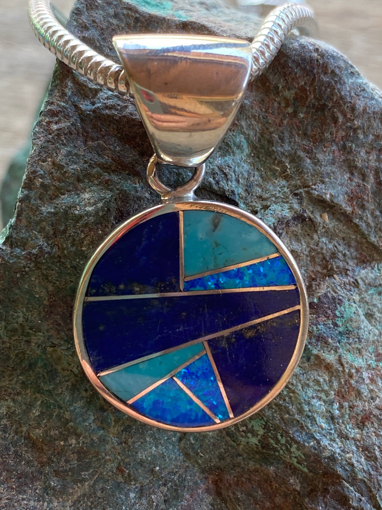 Handcrafted Lapis, Turquoise, Blue Opal Small Circle Pendant