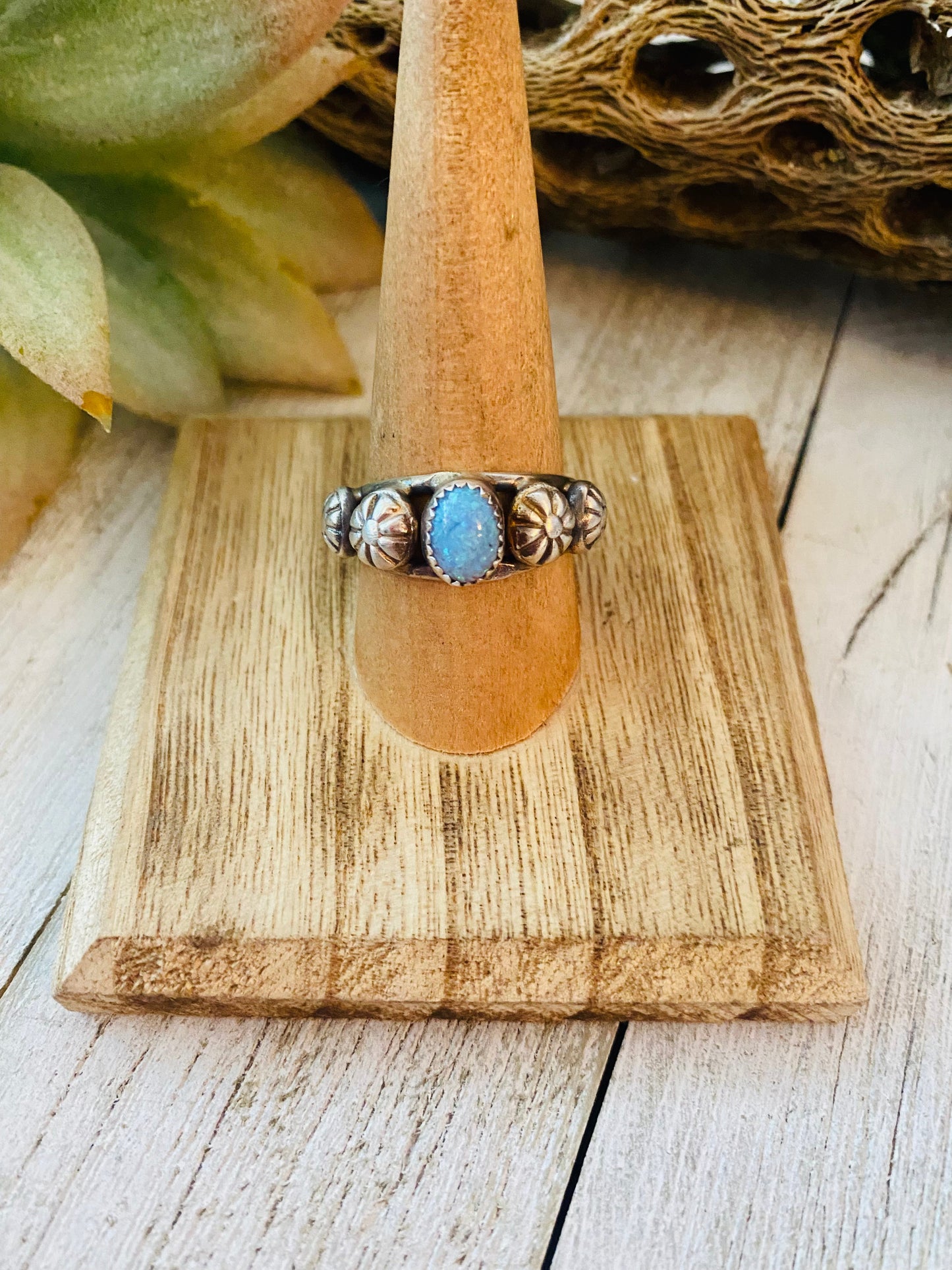 Handcrafted Blue Opal and Sterling Silver Concho Band Ring