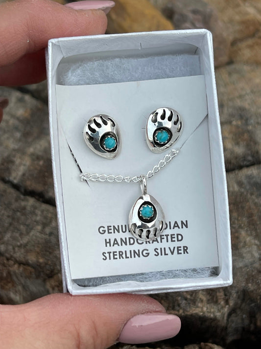 Handcrafted Sterling Silver Turquoise Bear Paw Set