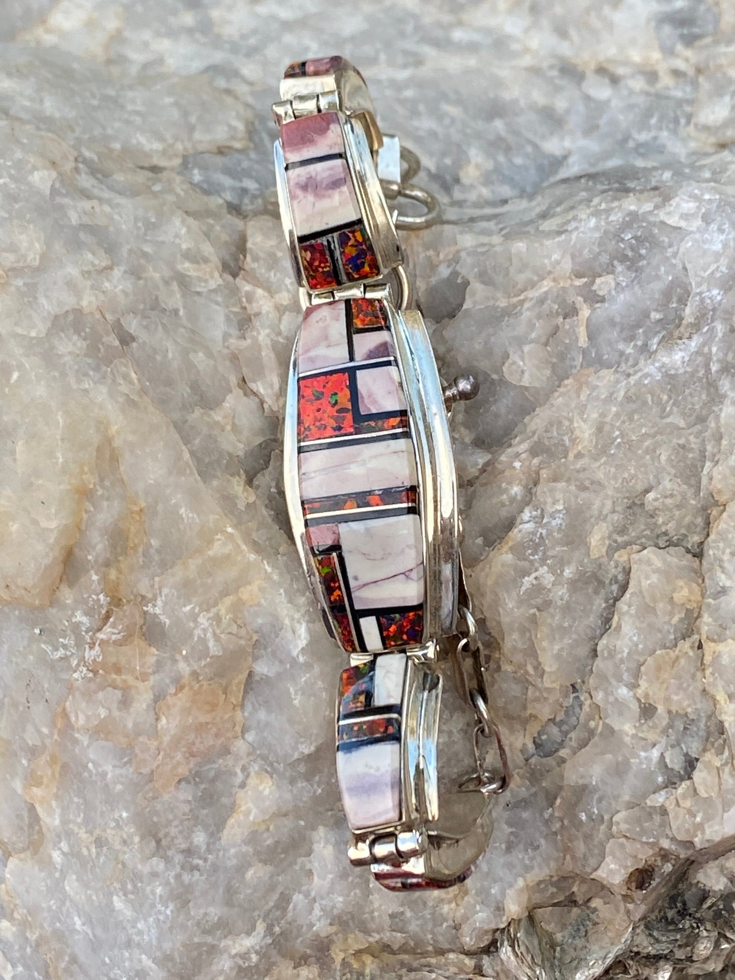 Handcrafted Onyx, Purple Spiny, Coral & Sterling Silver Inlay Bracelet