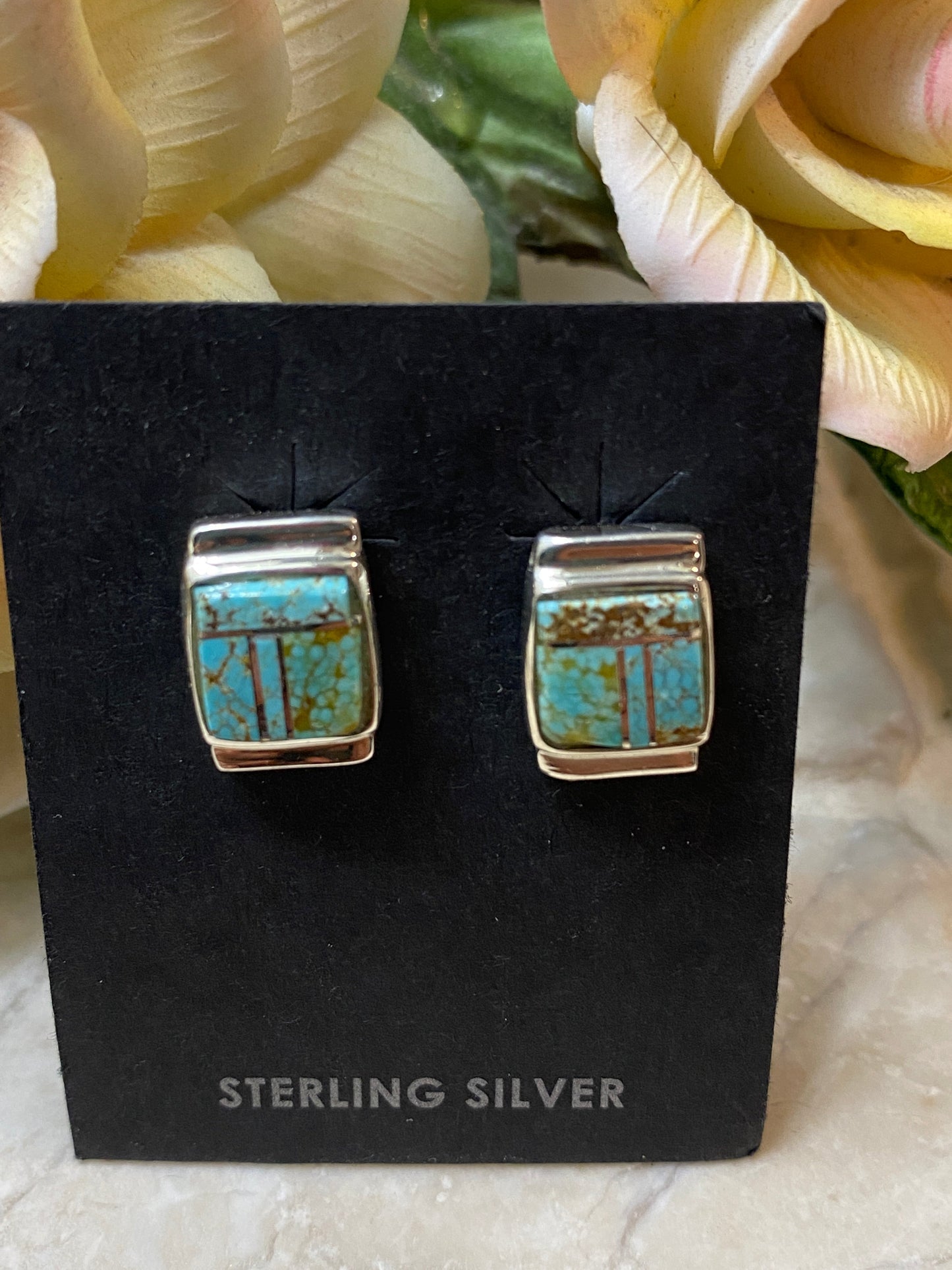 Handcrafted Turquoise 8 more matrix & Sterling Silver Rectangle Inlay Stud Earrings