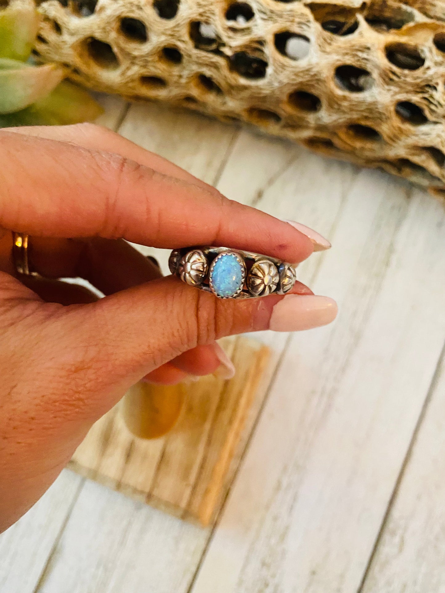 Handcrafted Blue Opal and Sterling Silver Concho Band Ring