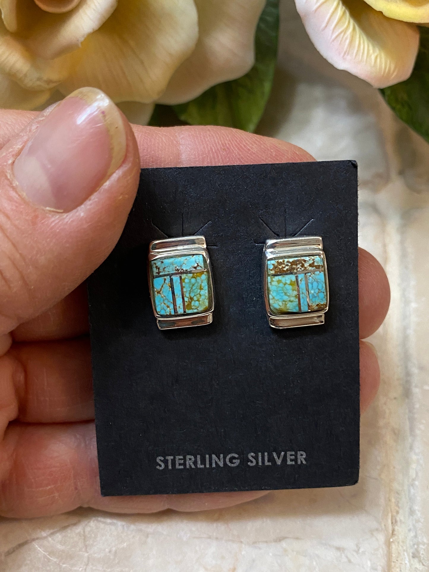 Handcrafted Turquoise 8 more matrix & Sterling Silver Rectangle Inlay Stud Earrings
