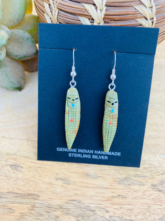 Vintage Zuni Hand Carved Turquoise Corn Maiden Fetish Earrings