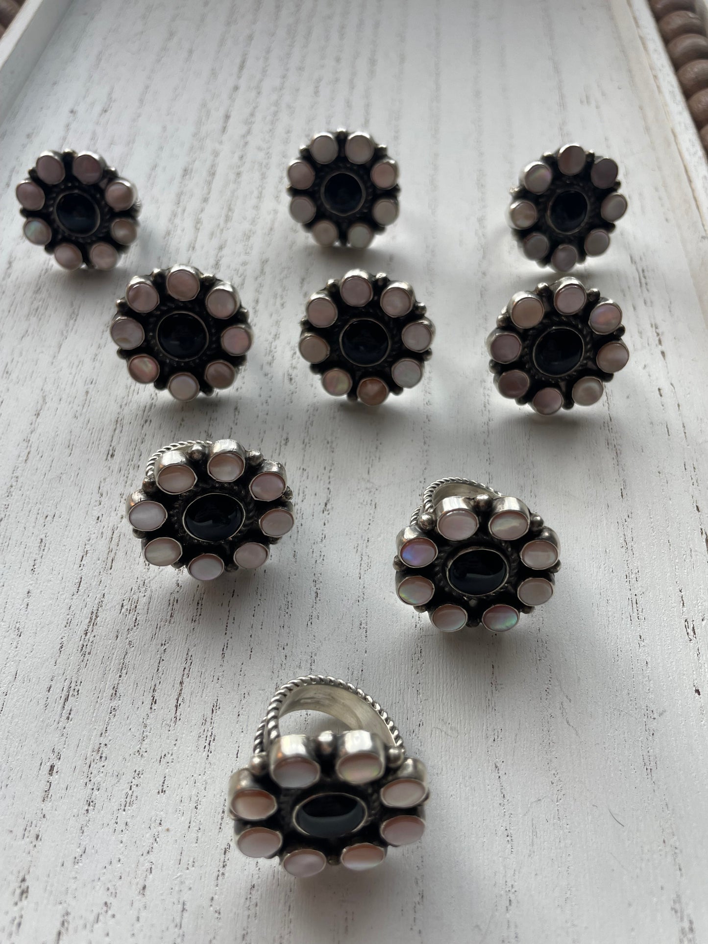 Handcrafted Sterling Silver, Black Onyx, Pink Conch Flower Cluster Adjustable Rings Signed