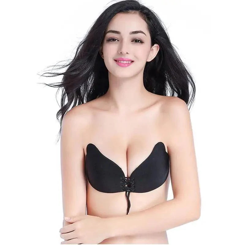 Incredible Strapless Invisible Bra Seamless Push Up Silicone Bras For Women Skin Black Lingerie Drawstring Bralette