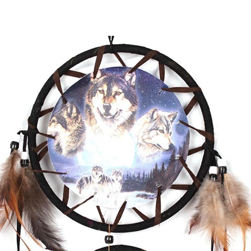Indian Wolf Dream Catcher With Brown Feathers Dream-catcher Bead Beautiful Home Hanging Decoration Fashion Handmade Ornament Gift Wall Decor For Bedroom Festival Celebration Boho Moon Dream Catcher