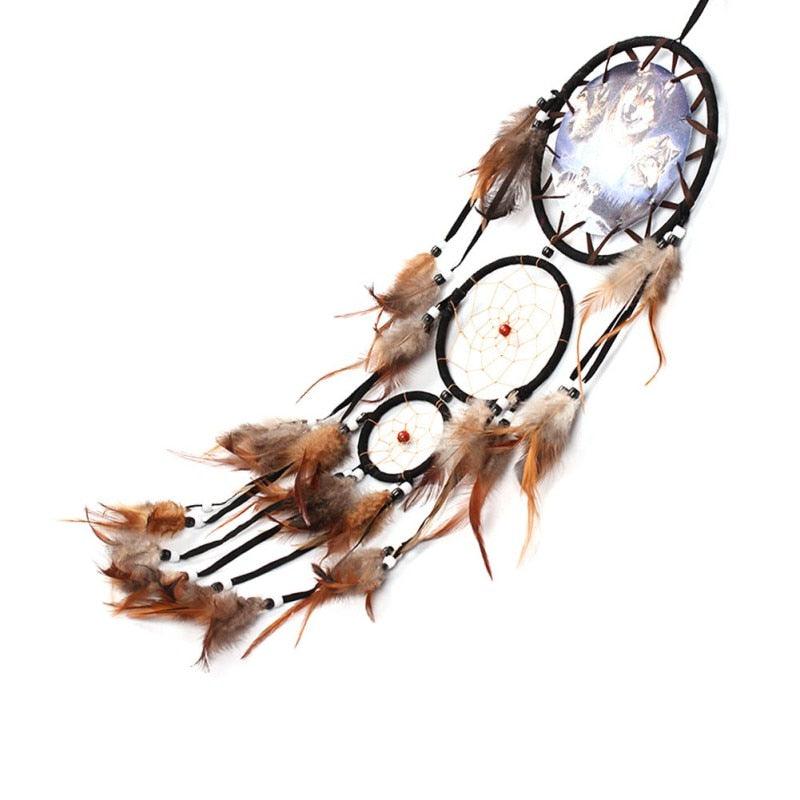 Indian Wolf Dream Catcher With Brown Feathers Dream-catcher Bead Beautiful Home Hanging Decoration Fashion Handmade Ornament Gift Wall Decor For Bedroom Festival Celebration Boho Moon Dream Catcher