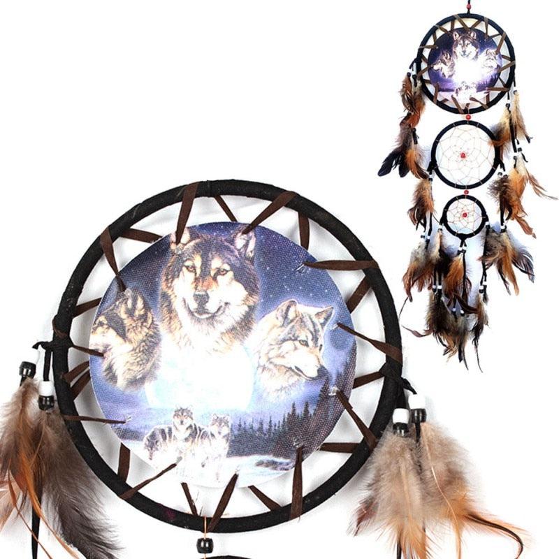 Indian Wolf Dream Catcher With Brown Feathers Dream-catcher Bead Beautiful Home Hanging Decoration Fashion Handmade Ornament Gift Wall Decor For Bedroom Festival Celebration Boho Moon Dream Catcher