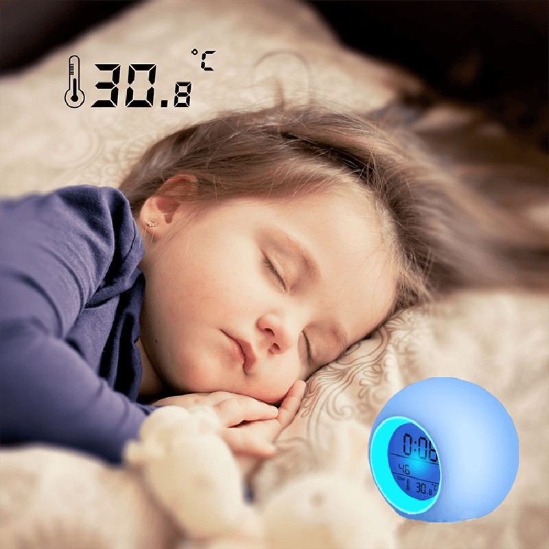 Kids Digital Alarm Clock 7 Color Night Light Snooze Temperature Detect Children Sleep Bedside Color Night Light Snooze Temperature Detect for Toddler Children Boys and Girls Students to Wake up at Bedroom Bedside Cute Wake Up Timer Alarm Clock