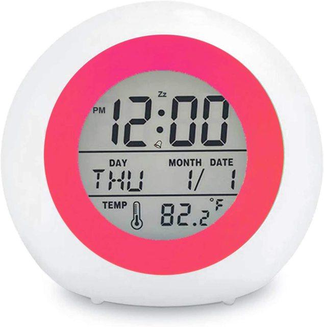 Kids Digital Alarm Clock 7 Color Night Light Snooze Temperature Detect Children Sleep Bedside Color Night Light Snooze Temperature Detect for Toddler Children Boys and Girls Students to Wake up at Bedroom Bedside Cute Wake Up Timer Alarm Clock