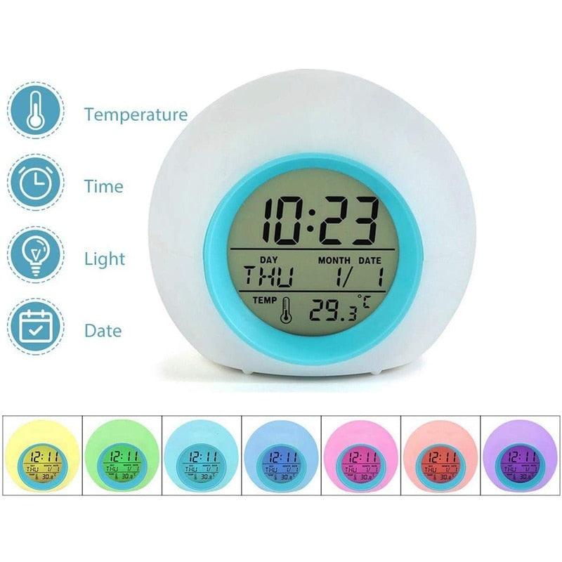 Kids Digital Alarm Clock 7 Color Night Light Snooze Temperature Detect Children Sleep Bedside Color Night Light Snooze Temperature Detect for Toddler Children Boys and Girls Students to Wake up at Bedroom Bedside Cute Wake Up Timer Alarm Clock