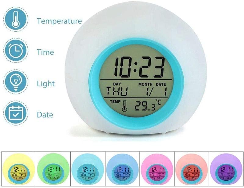 Kids Digital Alarm Clock 7 Color Night Light Snooze Temperature Detect Children Sleep Bedside Color Night Light Snooze Temperature Detect for Toddler Children Boys and Girls Students to Wake up at Bedroom Bedside Cute Wake Up Timer Alarm Clock