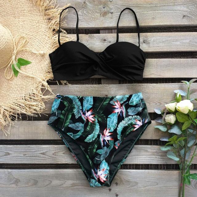 Leaf Print Bikini Female Swimsuit Women's Bathing Suits Triangle Bikini High Waist Bottoms Two Piece Swimsuits Women Swimwear Thong Push Up Bikinis Set High Waist Swimming Suits for Bathing Suit