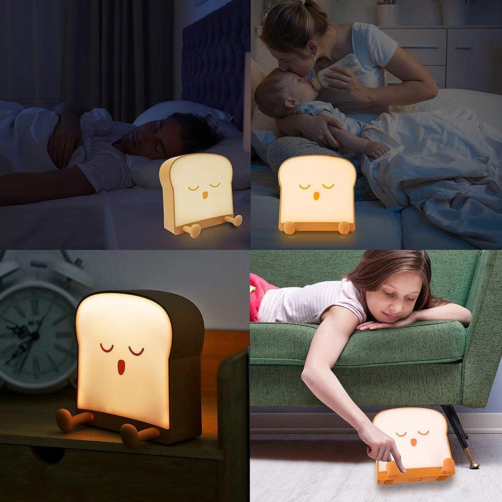 LED Toast Night Light with Silicone Foot Phone Holder Table Lamp Infinite Dimming Bread Decoration Creative Lamp Decorative Table Lamp Cute Study Lamps for Bedroom Décor