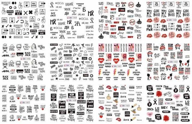 Letter Nail Water Decals With Inscriptions Sexy Girl  Black White Tattoo Slider English Alphabet Nail Decals Adhesive Letter 3D Nail Art Stickers for Women Girls Nail Decoration Manicure for Women Decorations Birthday Party Favor Gift