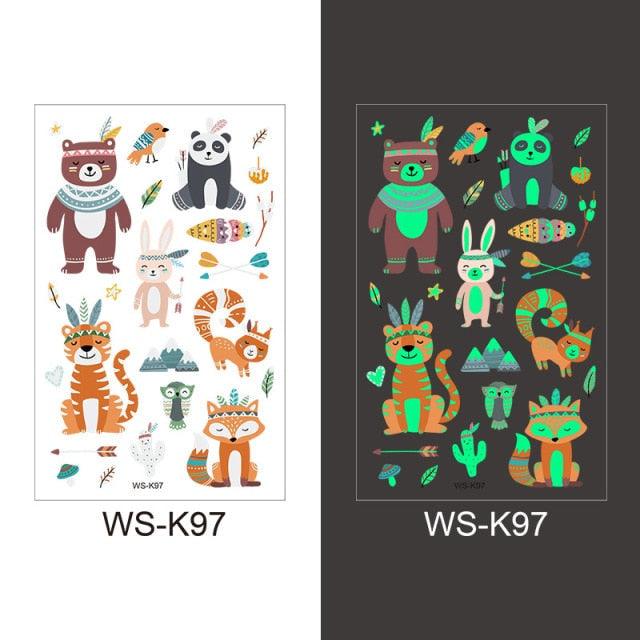 Luminous Tattoo Stickers Temporary Animal Tattoos Glow Paste on Face Arm Leg Fluorescent Waterproof Fake Tattoo For Kids Girls