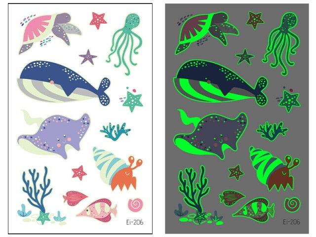 Luminous Tattoo Stickers Temporary Animal Tattoos Glow Paste on Face Arm Leg Fluorescent Waterproof Fake Tattoo For Kids Girls